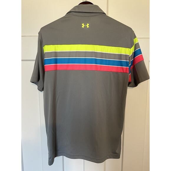 Under Armour Men's Golf Polo Size Large Gray Neon Stripe Heatgear - Picture 5 of 8